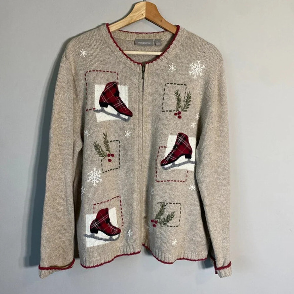 Vtg Croft & Barrow Ice Skating Christmas Wool Angora Full Zip Sweater Women's L - Picture 4 of 15